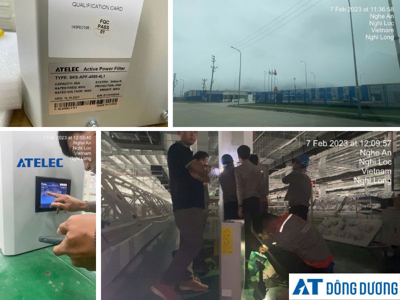 Kỹ thuật viên AT Đông Dương đang cài đặt bảng điều khiển Bộ lọc sóng hài tích cực ATELEC 