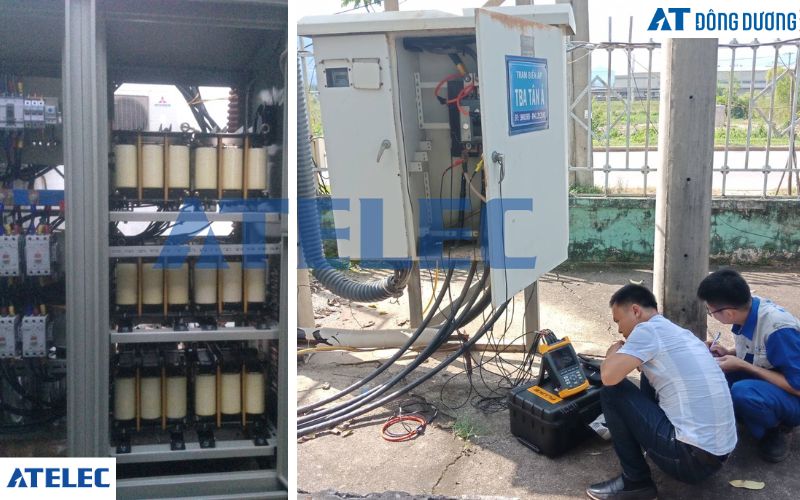 Kỹ thuật viên AT Đông Dương đang đo sóng hài tại trạm biến áp của Nhà máy Tân Á Đại Thành